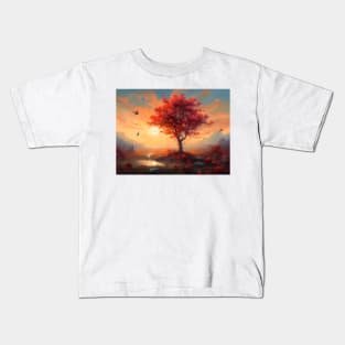 Spring landscape with a single flowering tree. Kids T-Shirt